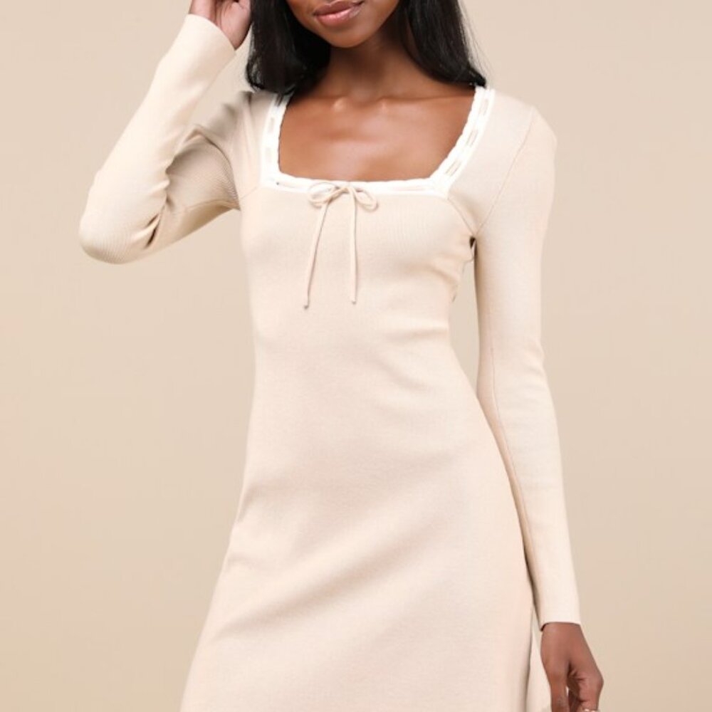 Definitely Sweet Beige Scalloped Long Sleeve Mini Sweater Dress